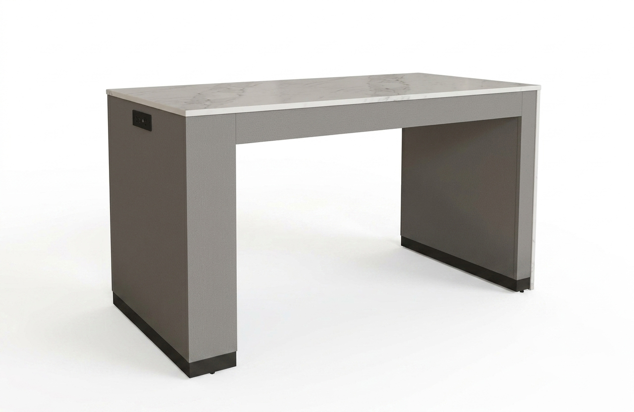 Asymmetrical multi-use hospitality table for Hilton Homewood Suites featuring an engineered stone top and recessed apron.