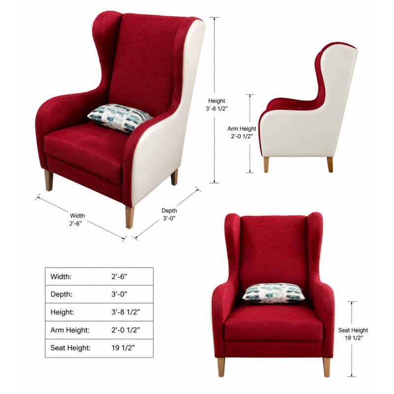 Dimensional technical drawing of Hilton Garden Inn GR-101 wingback lounge chair showing 30-inch width and 44.5-inch overall height for guestroom FF&E planning.