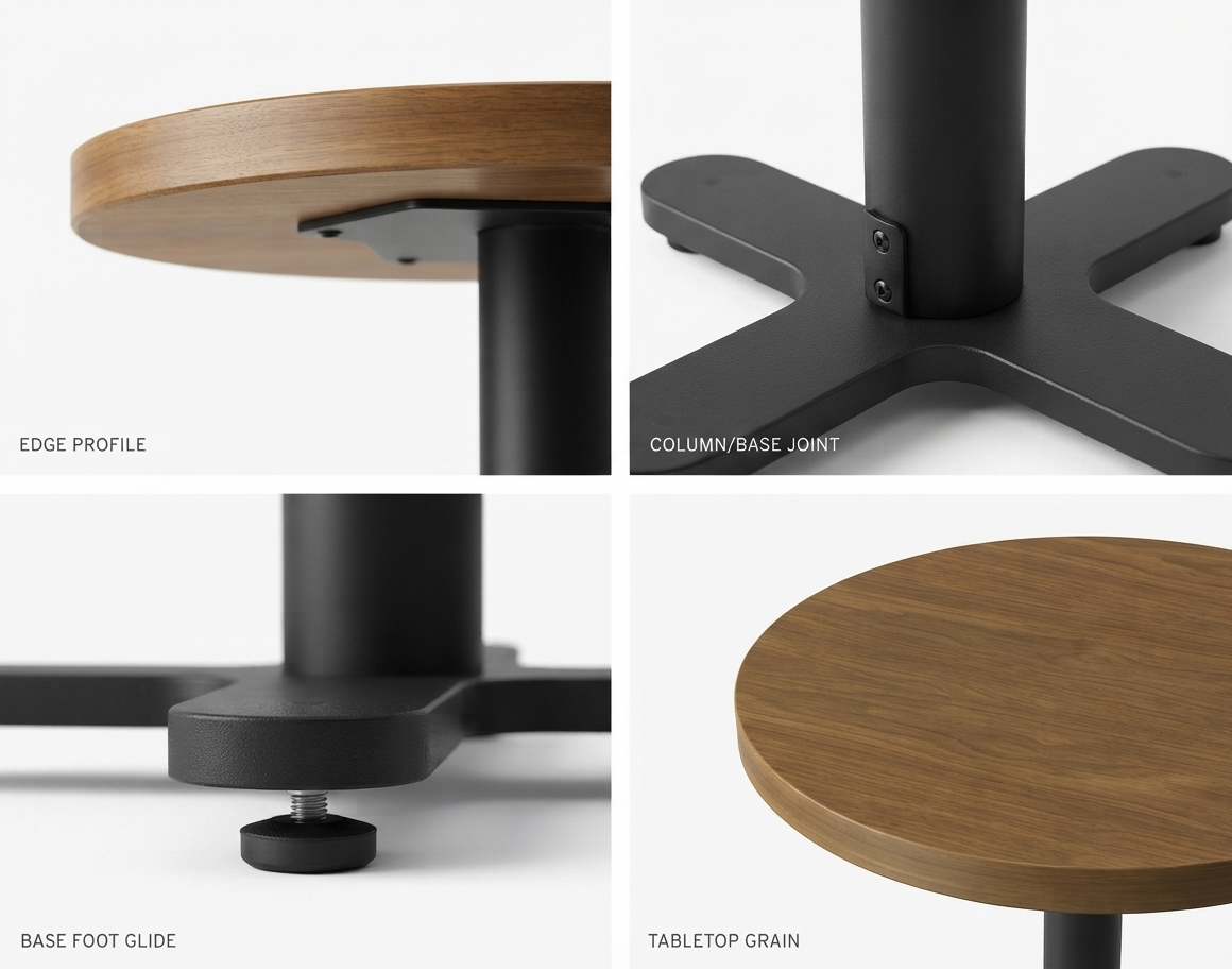 Close-up engineering details of PA-308 table highlighting 3mm PVC impact-resistant edge banding, reinforced base joints, and adjustable glides.