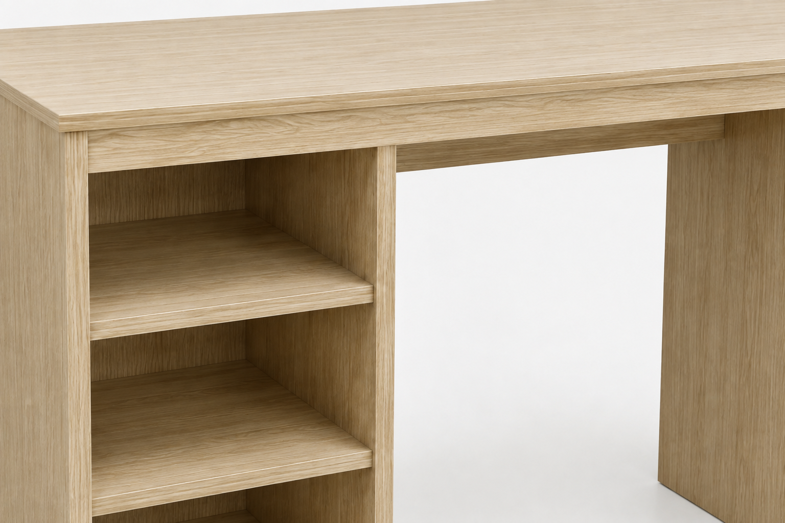 Close-up of impact-resistant vinyl edge banding and precision joinery on a hardwood solid hospitality desk for long-term durability.