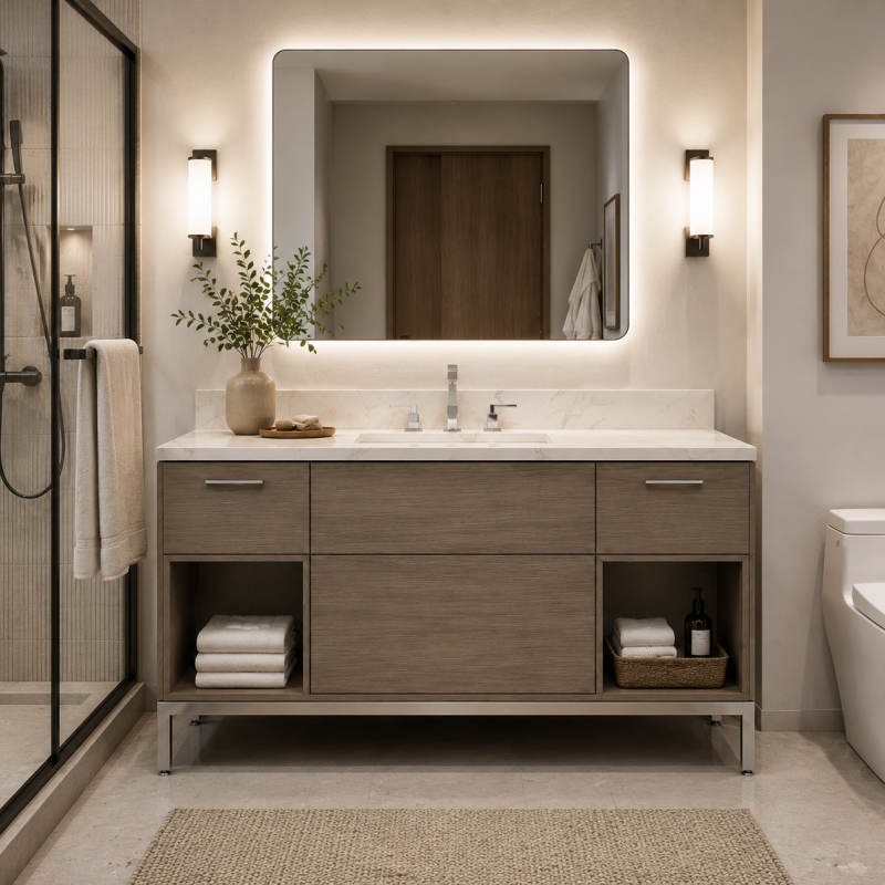 High-end hospitality bathroom suite showcasing a 54W x 24D x 34H vanity unit with a TIGER Drylac metal base and marine grade plywood construction for long-term moisture resistance.