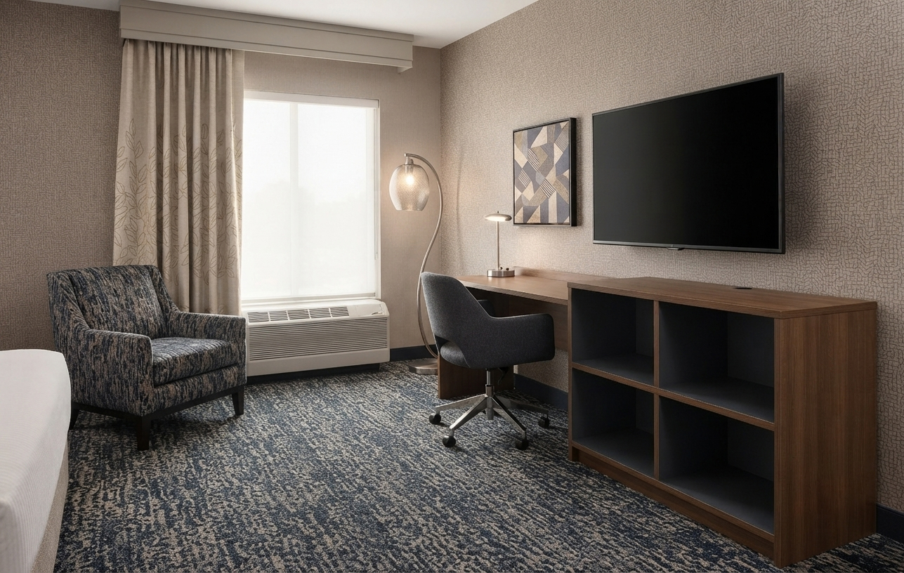 Institutional-grade hotel guestroom desk and media console ensemble with ergonomic seating, optimized for business traveler productivity.
