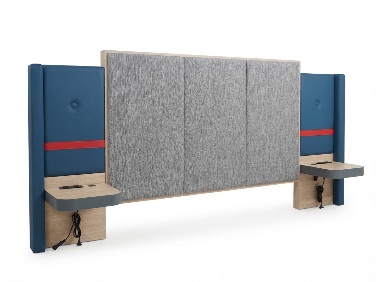 Perspective view of an IHG Avid Hotels guestroom headboard featuring upholstered panels and wood-grain floating nightstands.
