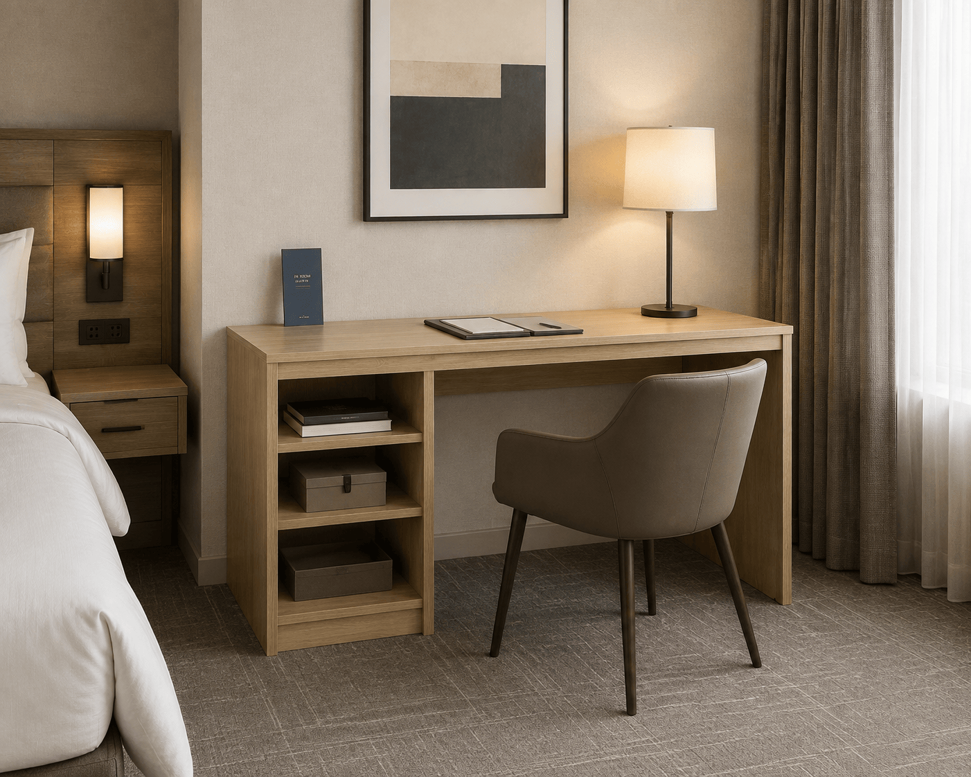 Functional guestroom workstation setup with a 54-inch hotel desk and ergonomic task chair, optimized for extended-stay guest comfort.