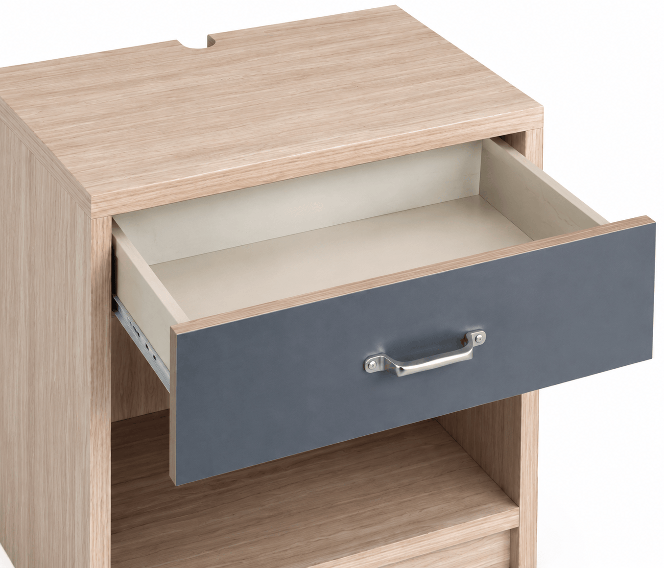 Detailed view of the CG-212 nightstand drawer featuring Top Knobs "Channing" brushed nickel hardware and commercial-grade glides.