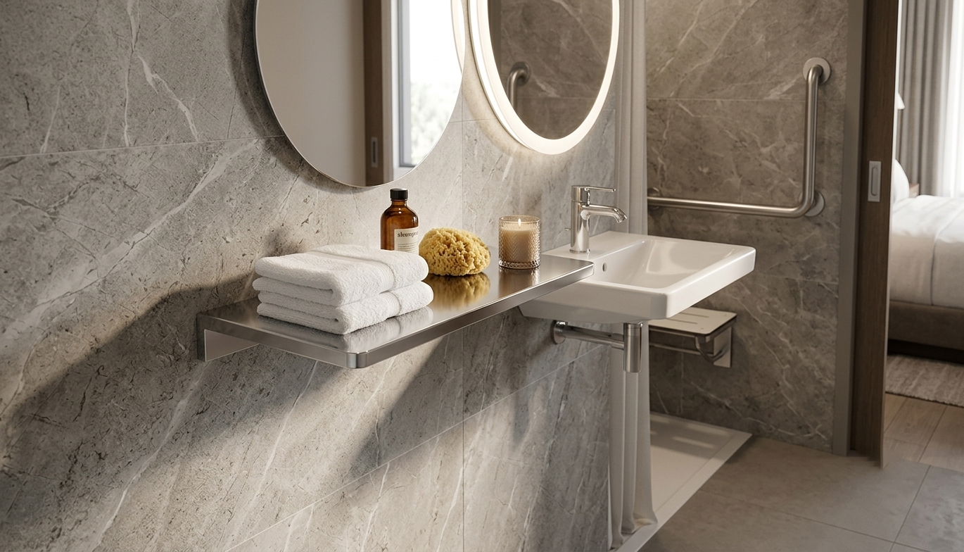 ADA compliant Home2 by Hilton accessible bathroom featuring a satin stainless steel floating shelf GR-324 installed next to the sink.
