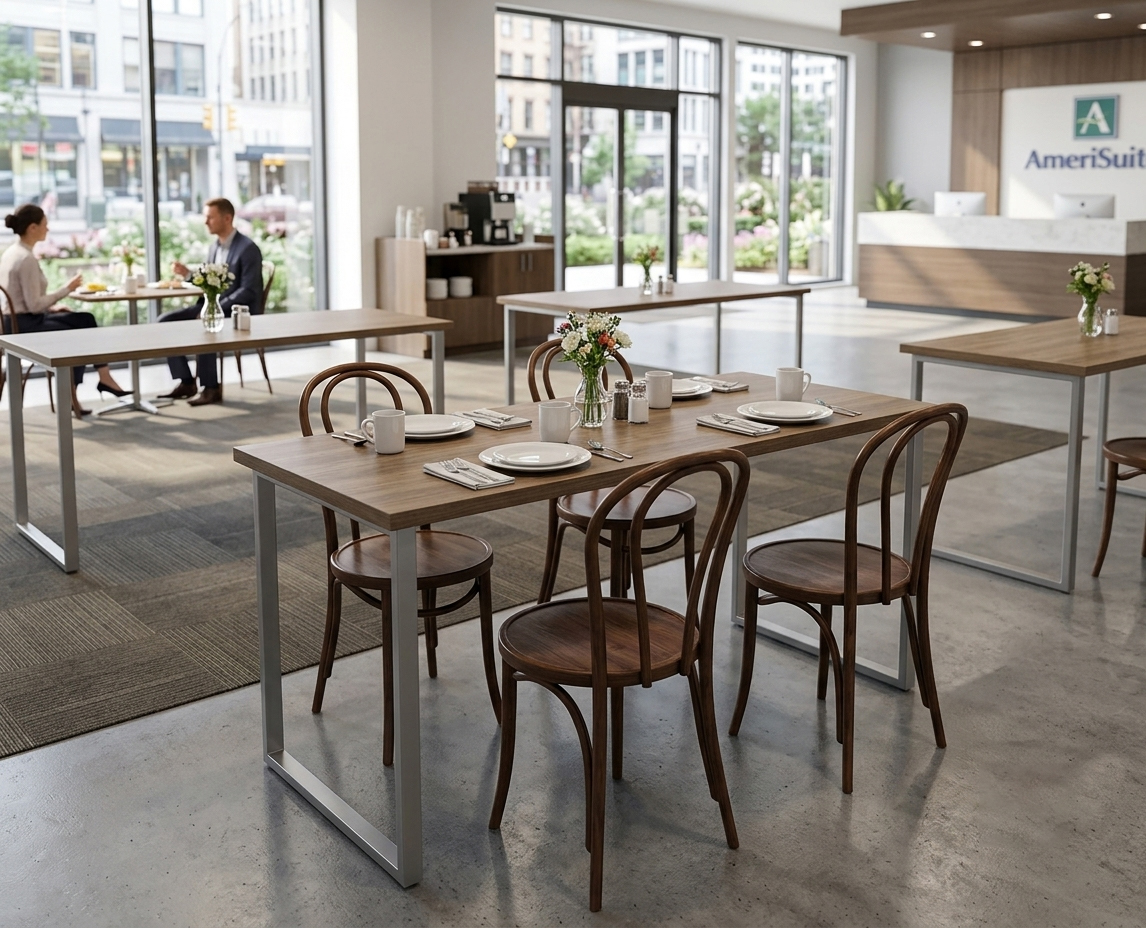 Modern hotel lobby dining furniture arrangement featuring multiple ADA compliant tables for guest breakfast areas.