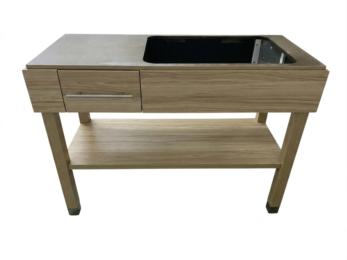 Technical view of an IHG brand-standard vanity base for Candlewood Suites, showing precision sink cutout and open-shelf storage.