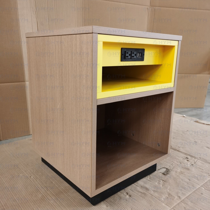 Factory-direct GR-306-CG nightstand for Days Inn featuring high-pressure laminate finish and a vibrant yellow recessed storage compartment.