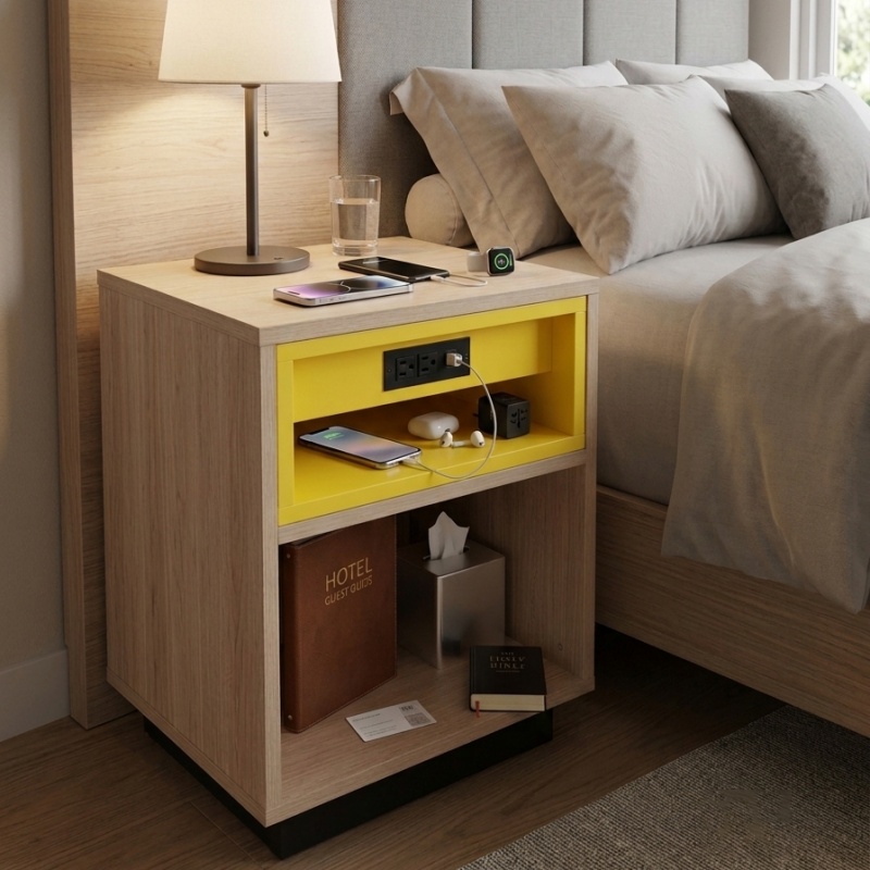 Modern Days Inn by Wyndham guestroom interior featuring a King nightstand with integrated charging station and signature yellow accent cubby.