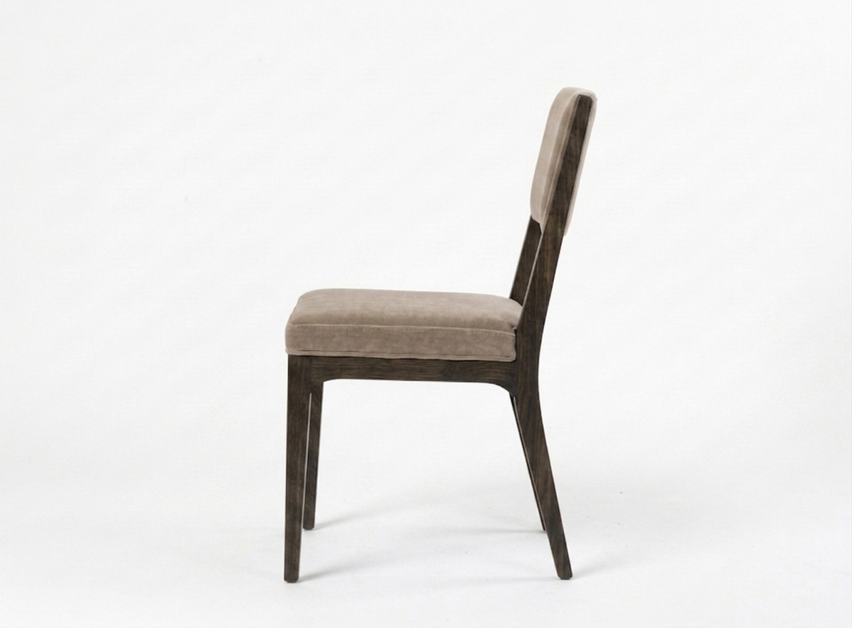Side profile of a contract-grade hospitality chair showing a slim, space-saving silhouette and reinforced solid wood legs.