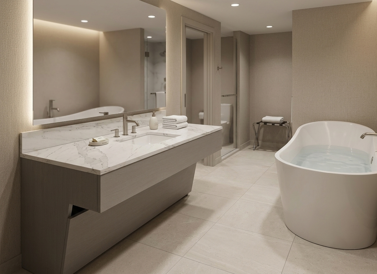 Accessible bathroom interior for Homewood Suites showcasing the GR-327 vanity with required knee clearance for ADA compliance and seamless spatial flow.