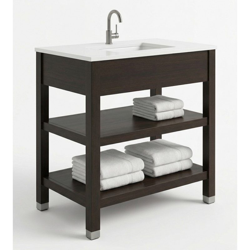 Fully assembled La Quinta guestroom vanity unit with a white quartz countertop, integrated rectangular sink, and coordinated chrome hardware for PIP renovations.