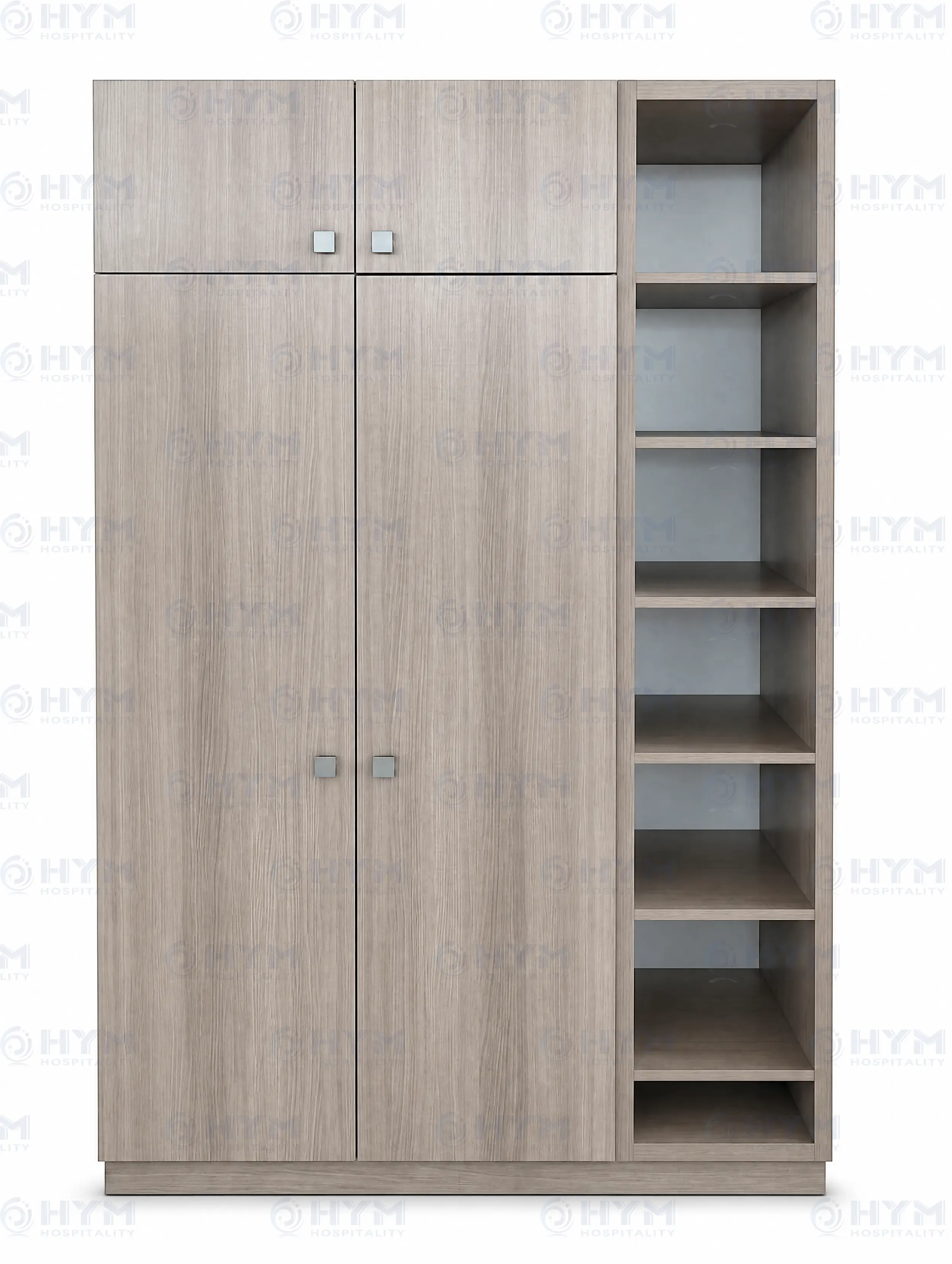 GR-321 Homewood Suites by Hilton Freestanding Closet showing closed doors and open interior with hanging rod, luggage bench, and 7-shelf storage tower.