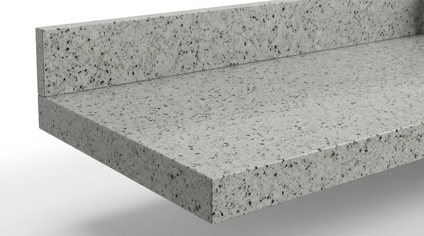 Close-up of grey speckled quartz vanity top edge, backsplash joint and 2 inch thick countertop construction
