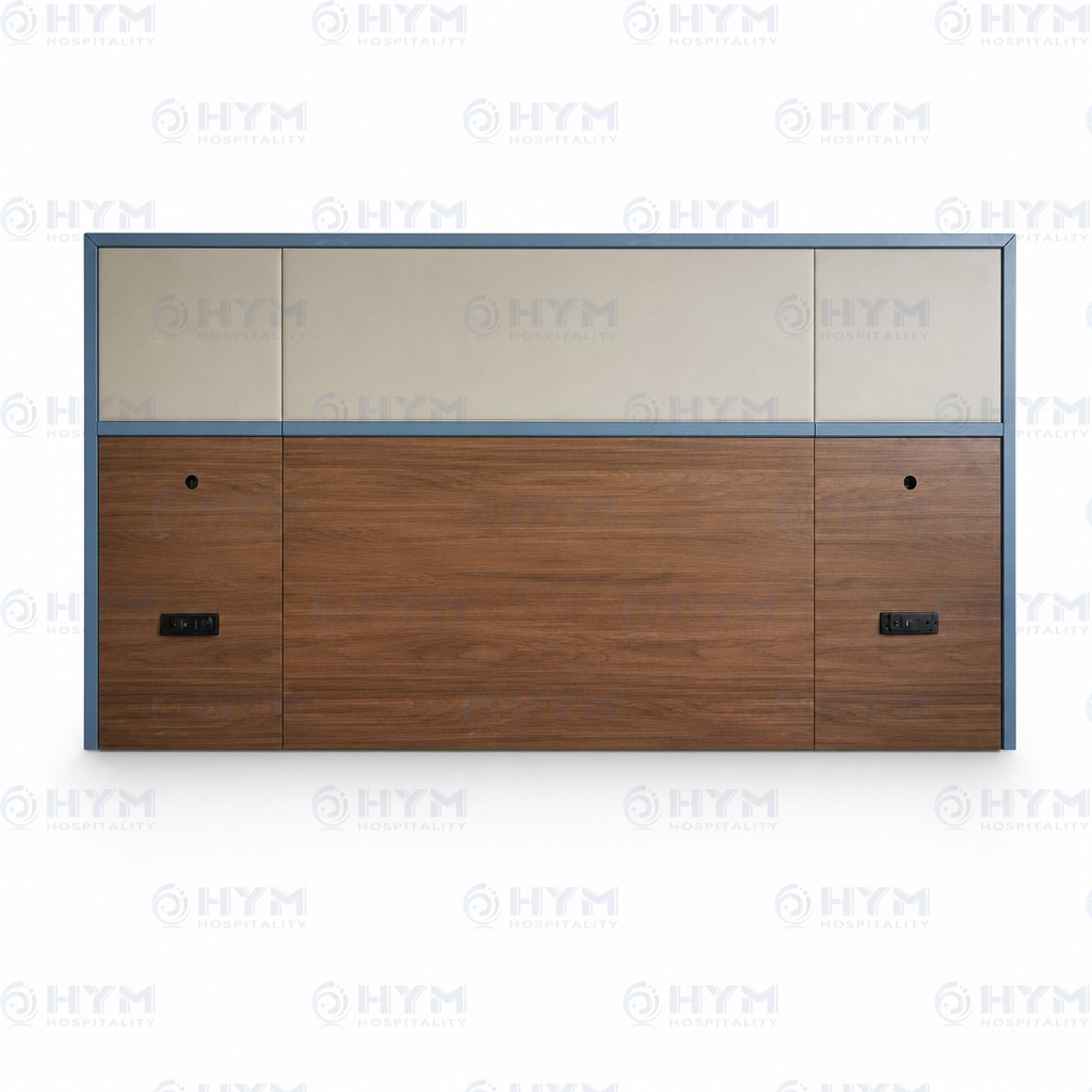 King headboard for AmericInn Hotel suites, featuring wood grain panels, upholstered top, and integrated power outlets.