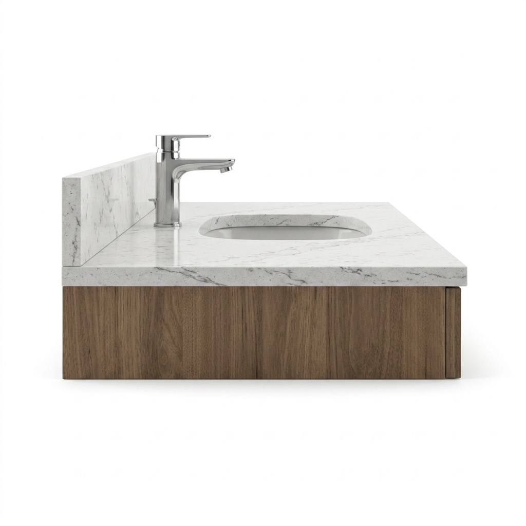 Side perspective of CG-255 accessible vanity top showing ST-2 quartz countertop and Wilsonart wood apron detail.
