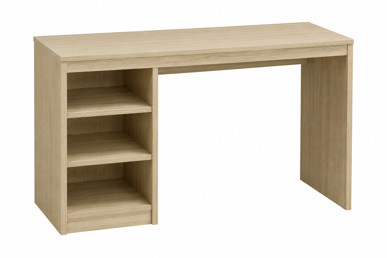 Commercial-grade CG-213 hotel guestroom desk with high-performance wood-grain laminate finish and three integrated open storage shelves.