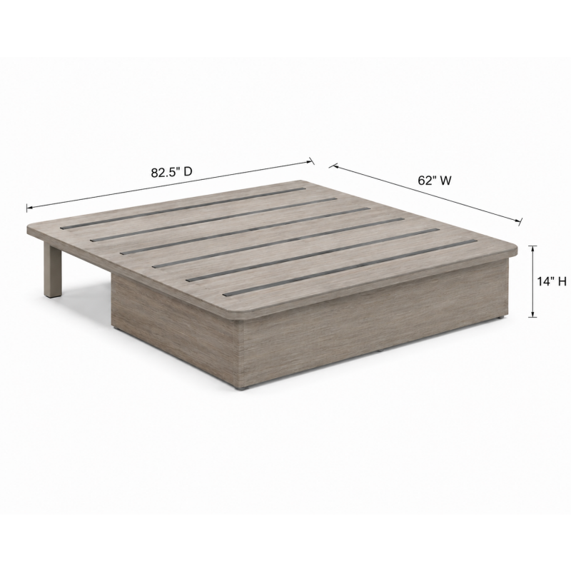 Technical dimensional view of Homewood Suites Queen platform bed base GR-305, measuring 62W x 82.5D x 14H inches with powder-coated legs.