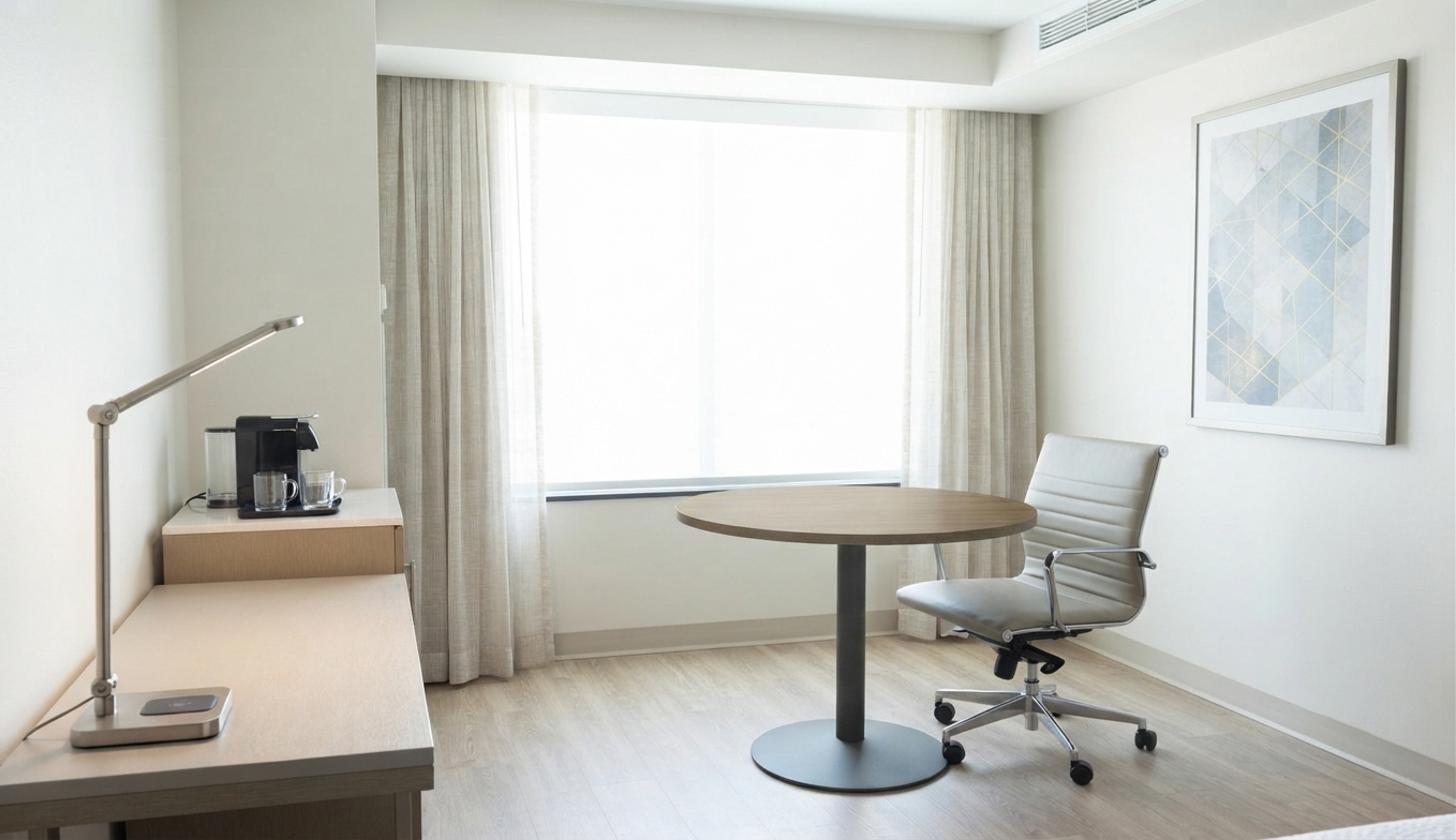 Minimalist hotel guestroom layout with a round activity table and task chair, highlighting clean lines and brand-standard FF&E implementation.