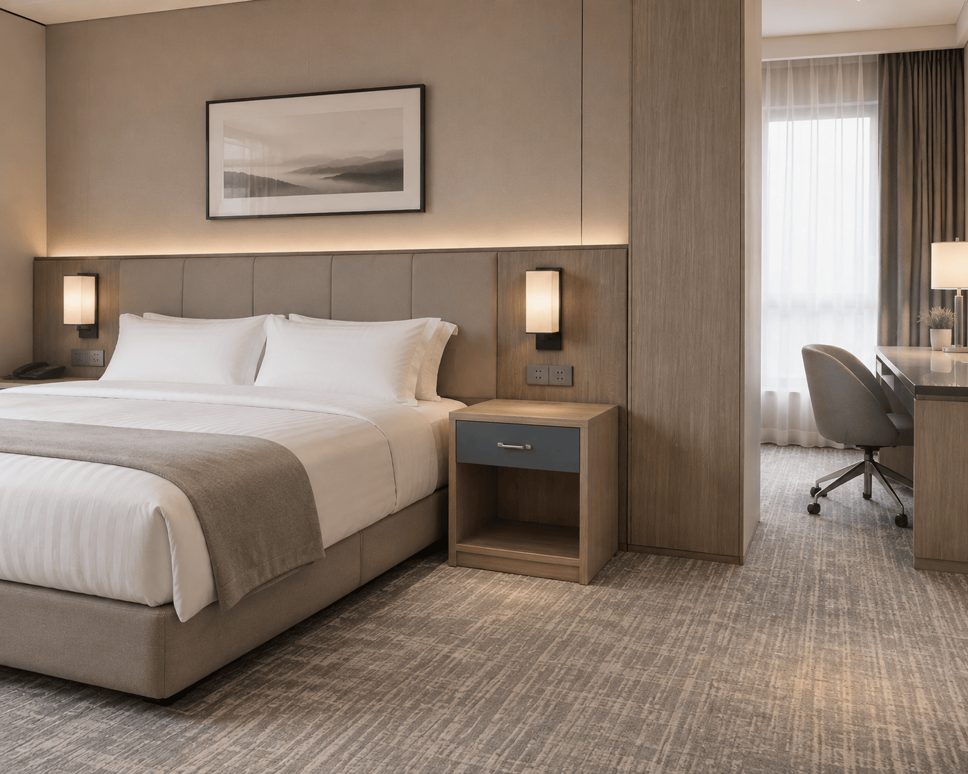 Full suite layout for IHG brand hotels showcasing 30-inch wide accessible nightstands for optimized guest reach and convenience.