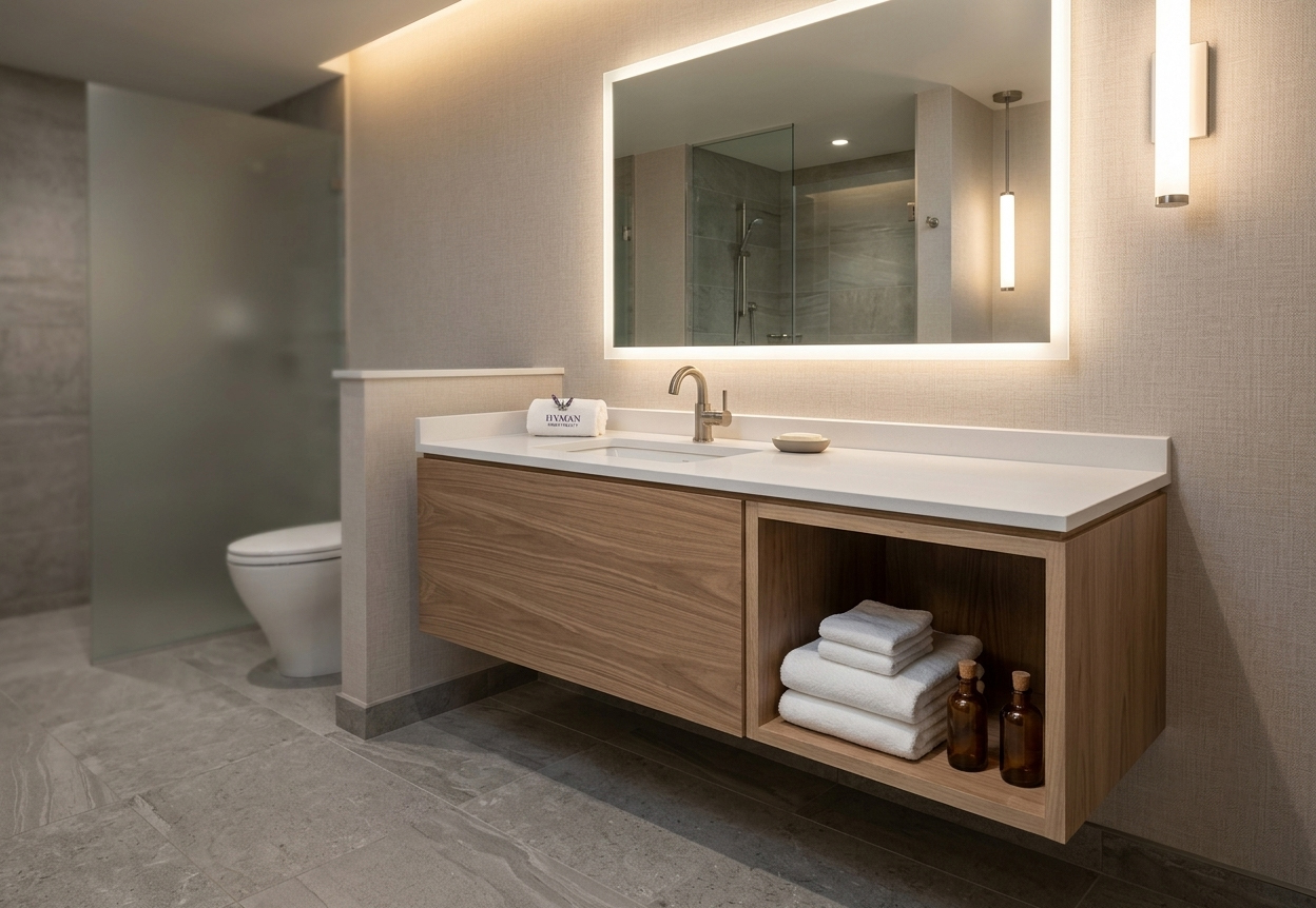 Modern Staybridge Suites bathroom interior featuring a floating wood-grain vanity with a white quartz countertop and horizontal backlit LED mirror.
