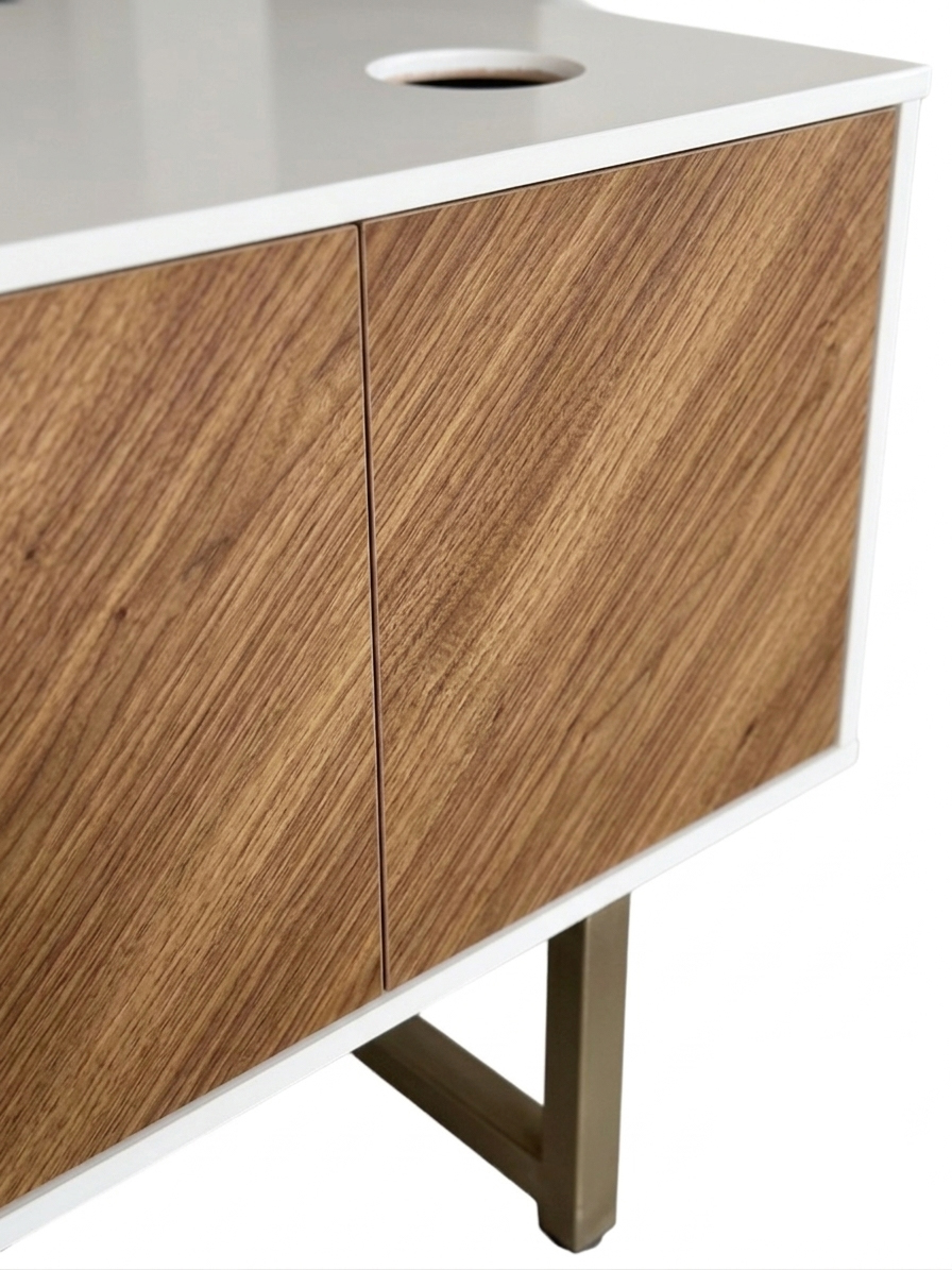 Close-up of premium wood grain laminate finish and precision-milled mitered edges on a commercial-grade hotel coffee station.