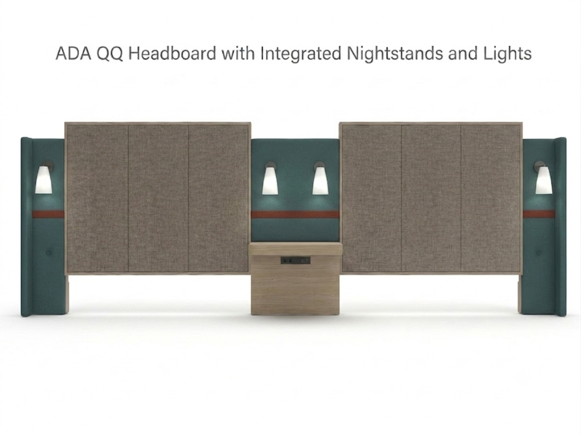 IHG brand-compliant ADA Double Queen headboard system REG-203, featuring a 15-foot wide vinyl-wrapped panel with an integrated central nightstand and four architectural sconces.