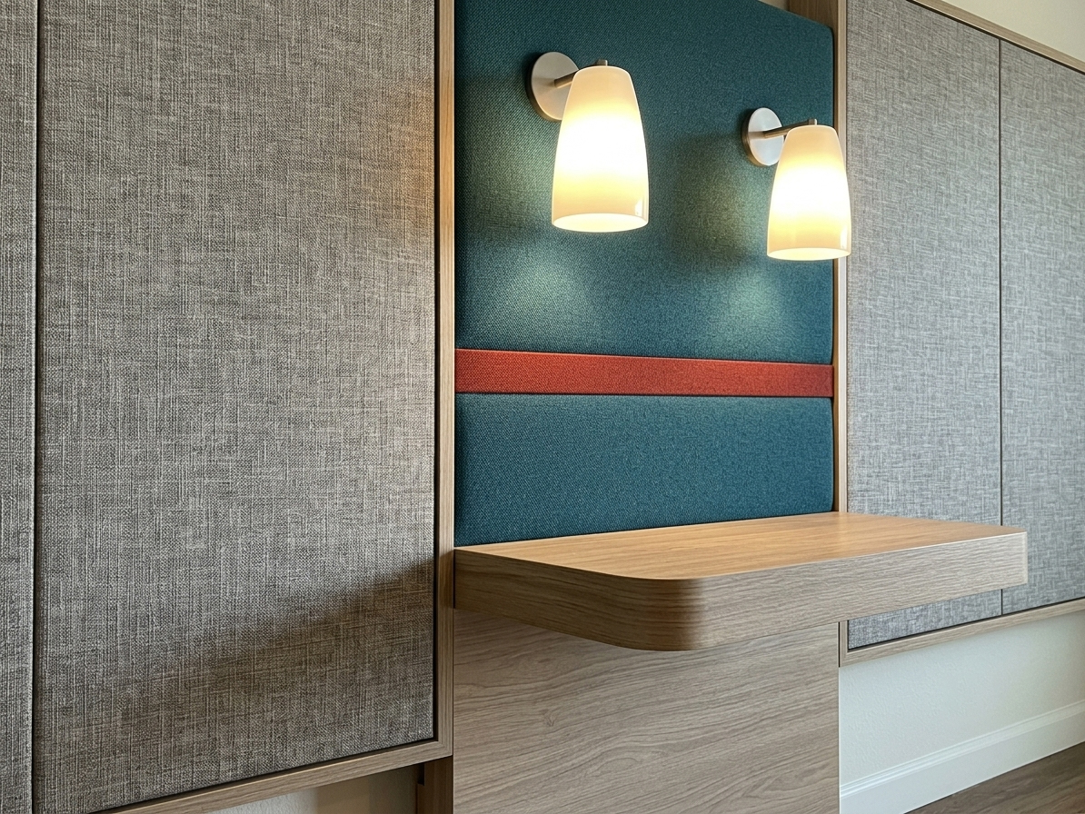 Detail view of Avid Hotels guestroom furniture showing integrated sconce lighting, floating wood-grain nightstand, and ETL-listed power hub REG-203