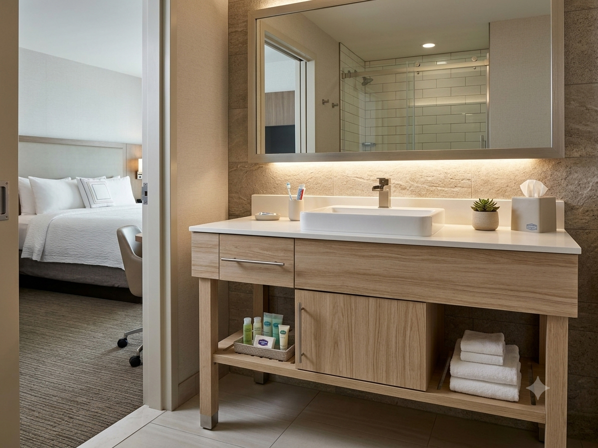 Guestroom vanity area integration for extended-stay hotel brands, showcasing coordinated FF&E casegoods and finish consistency.