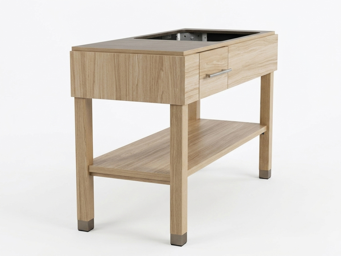 Durable wood-grain vanity base for hospitality suites featuring tapered legs with protective metal floor glides.