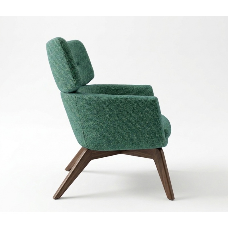 side view of the PA-107 hospitality lounge chair, highlighting the solid hardwood structure and ergonomic profile.