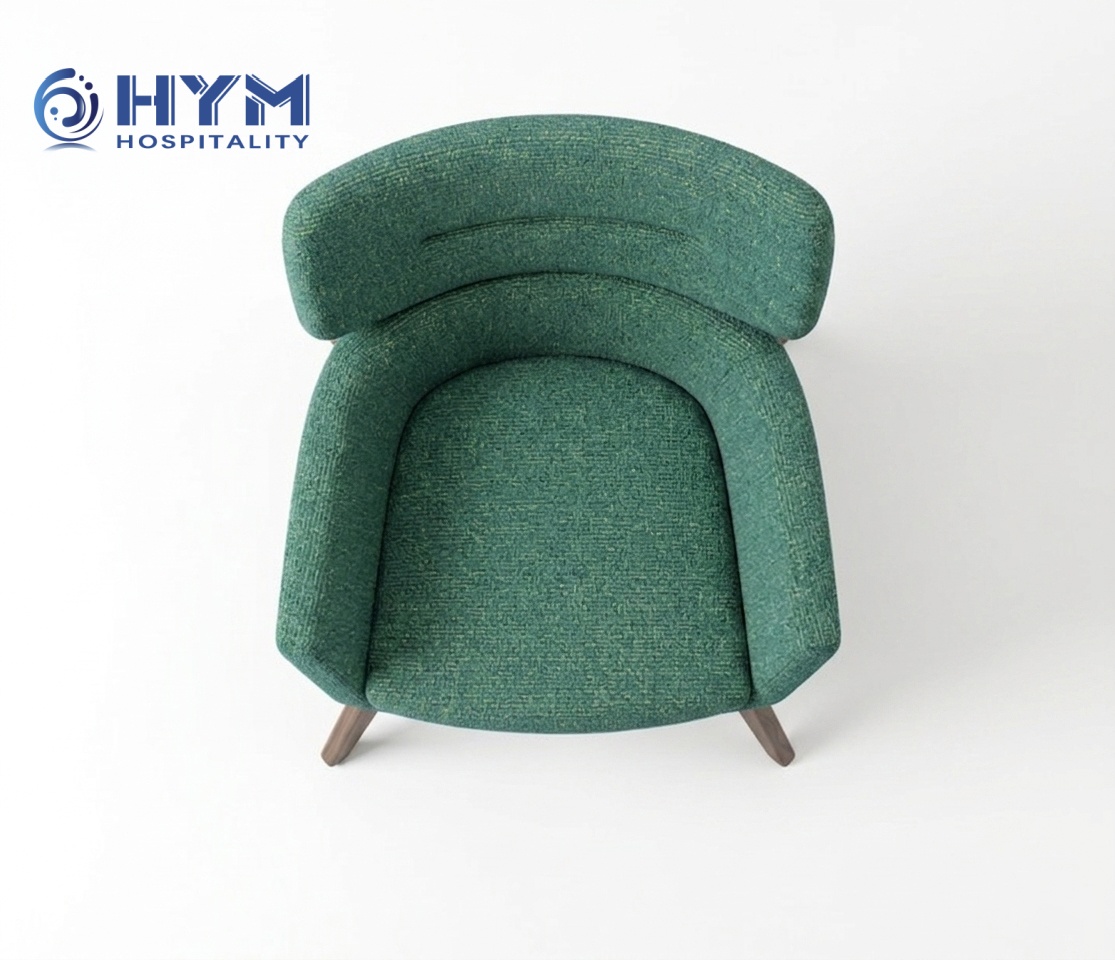Top view of the PA-107 hospitality armchair, showcasing seat depth and geometric proportions for hotel space planning.