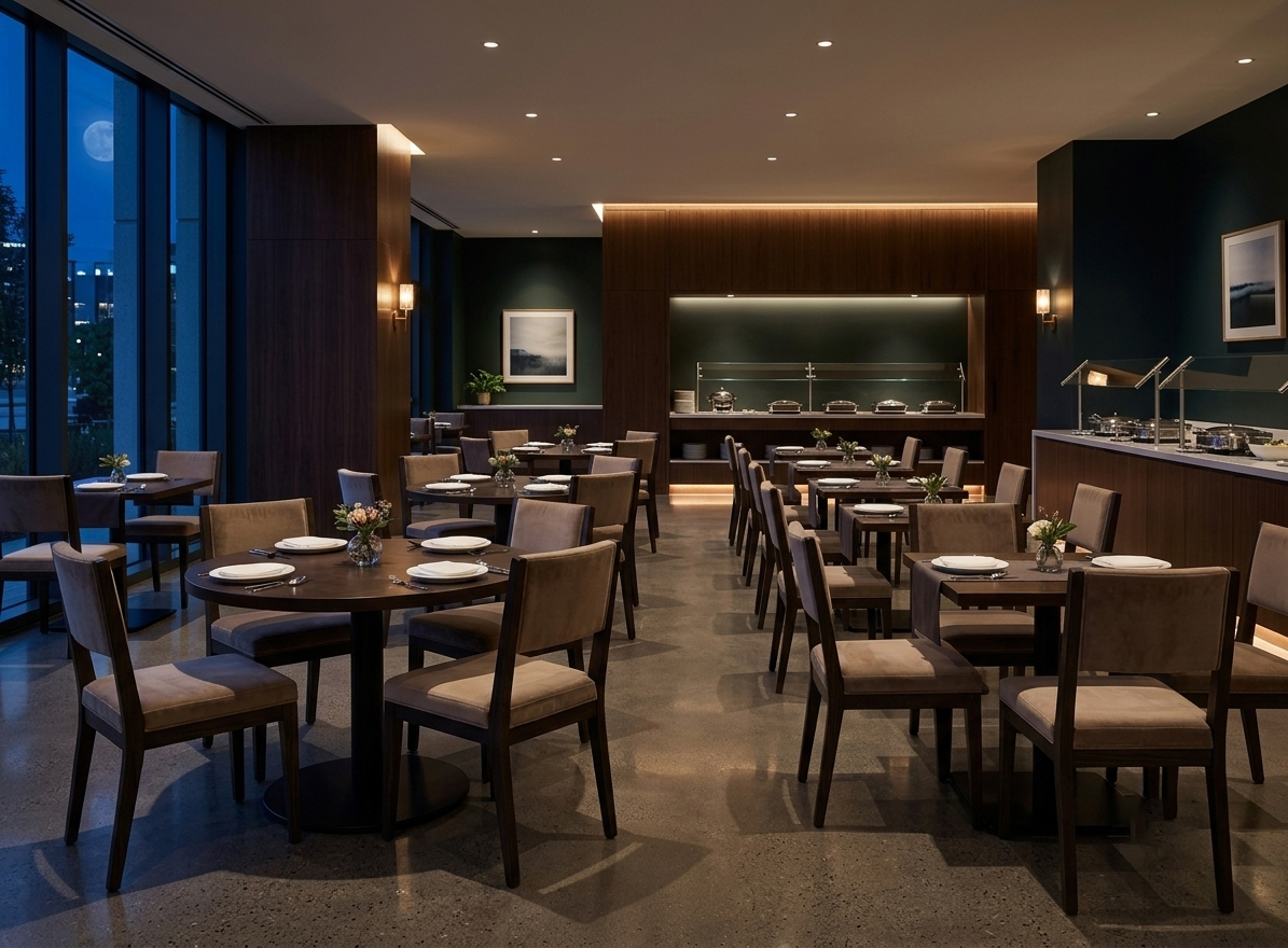 Sophisticated hospitality dining environment featuring brand-standard seating, optimized for property modernization and PIP renovations.