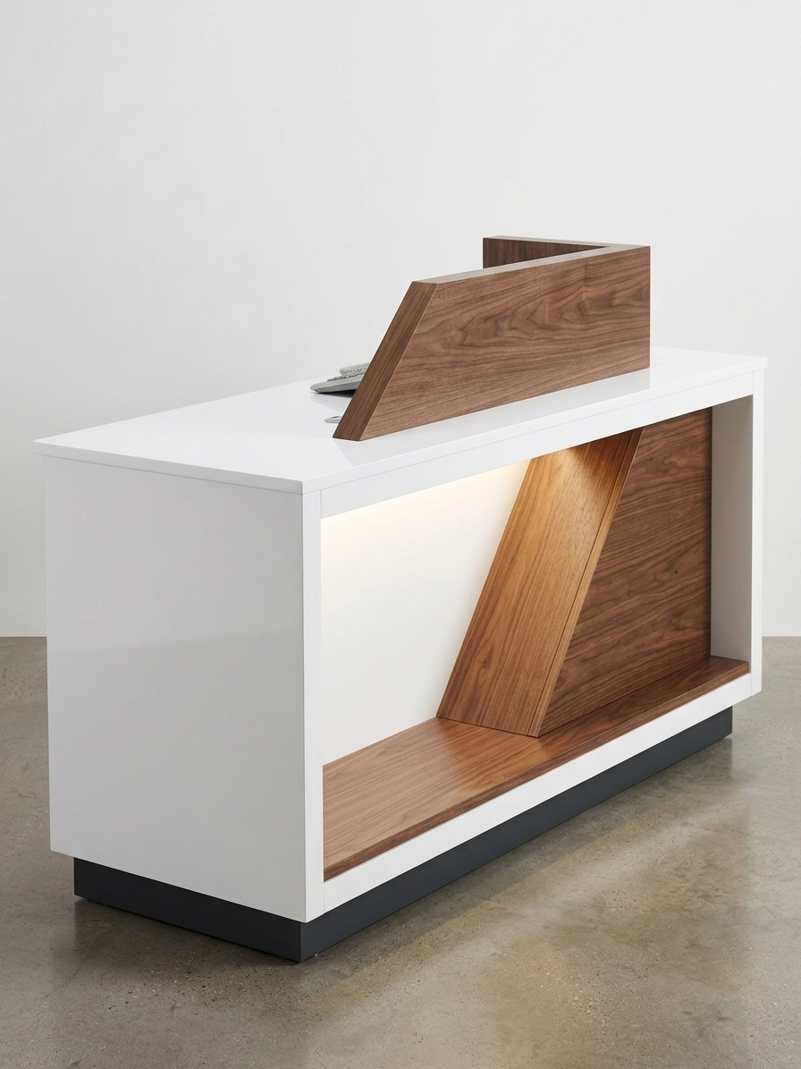 Complete Holiday Inn Express EXP2-217 check-in pod with integrated LED accent lighting and premium wood veneer accents for a welcoming lobby environment.