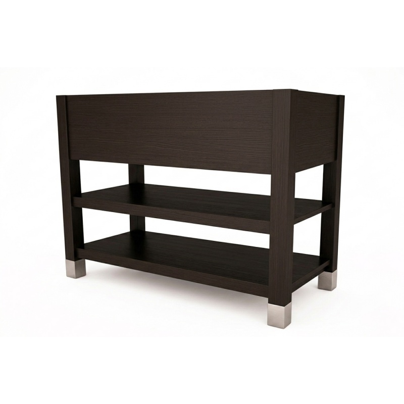 Institutional-grade bathroom vanity base for La Quinta Bright Beginning guestrooms, featuring a moisture-resistant dark espresso finish and double-tier open shelving.