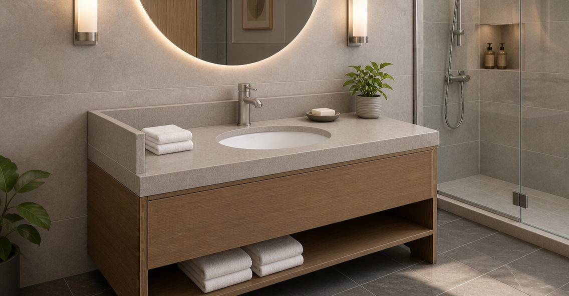 Hyman Hospitality CG-221 vanity top in an extended-stay hotel guestroom featuring an open-shelf vanity base.