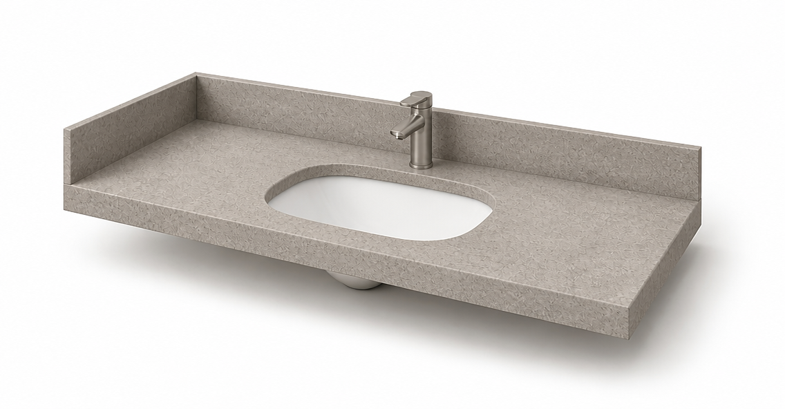 Durable guestroom vanity top for ADA compliant accessible vanity bases.