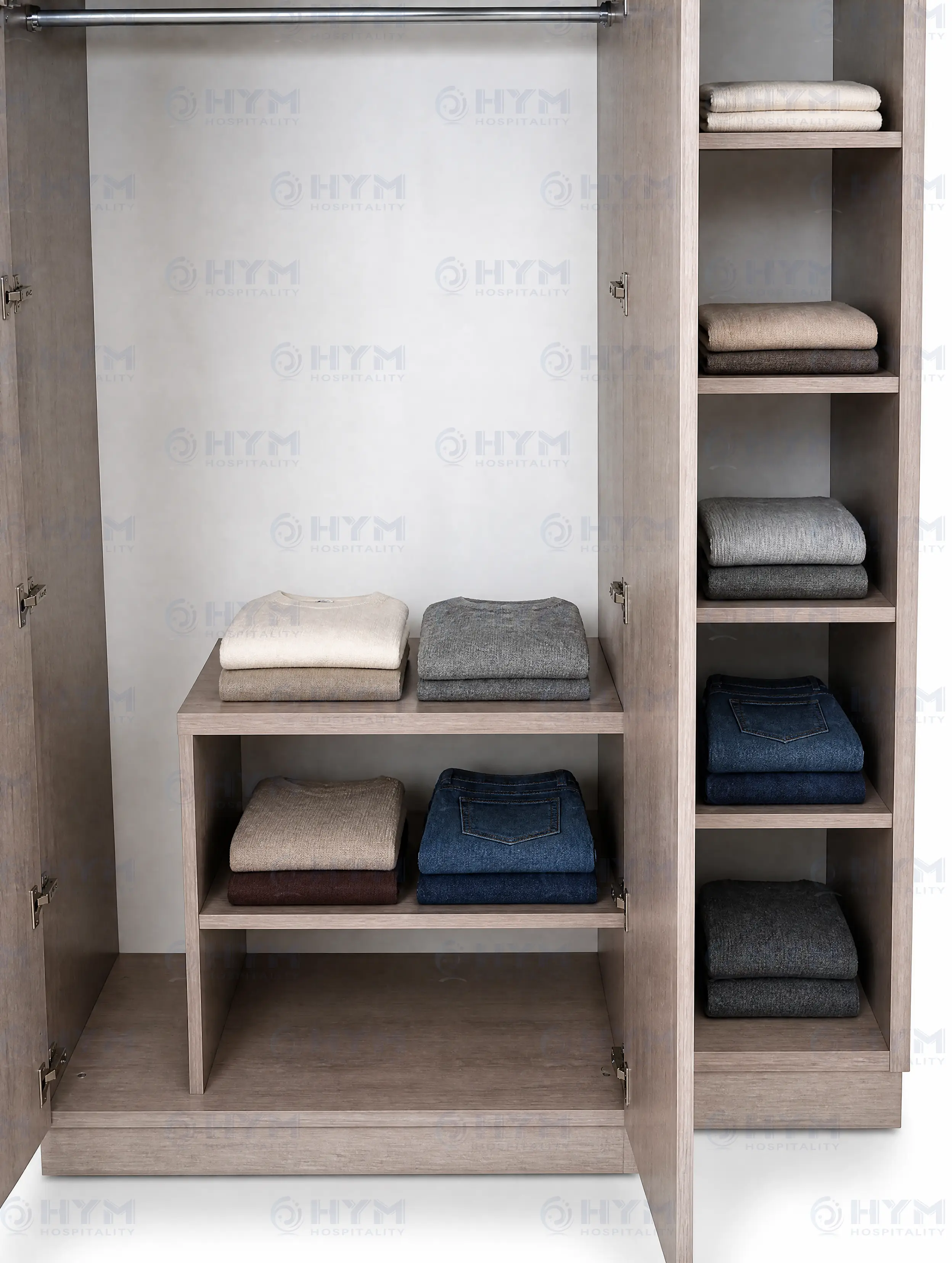 GR-321 Homewood Suites closet interior featuring a built-in luggage bench and two lower shelves for shoe and accessory storage.