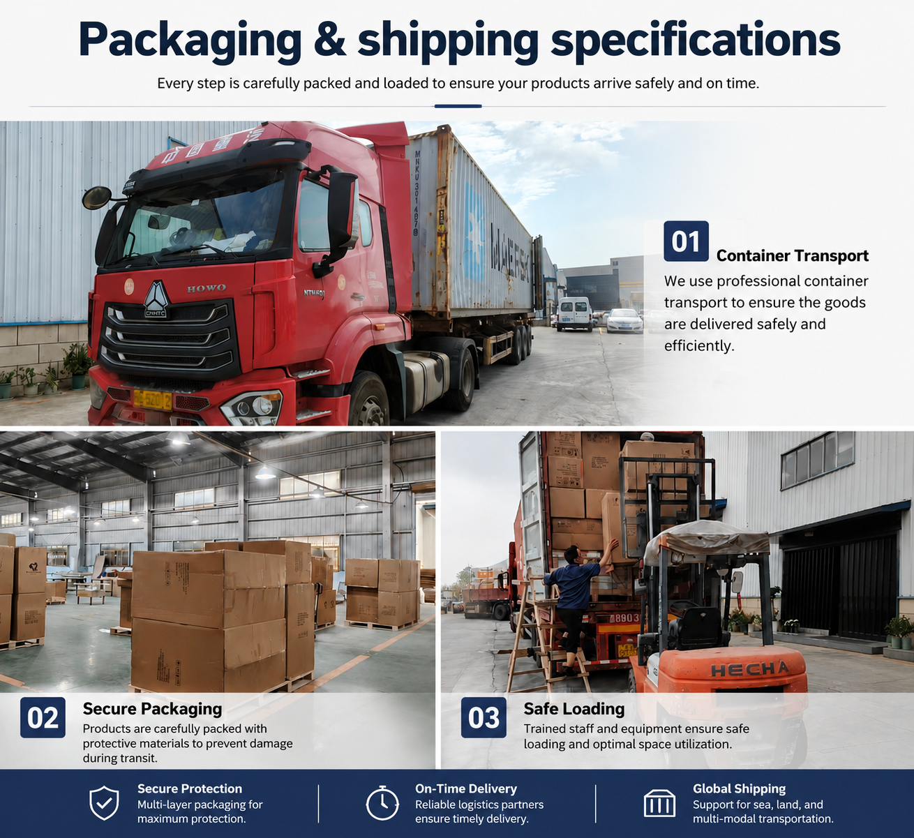 Packaging and shipping specifications for hotel casegoods featuring secure container transport and expert loading.