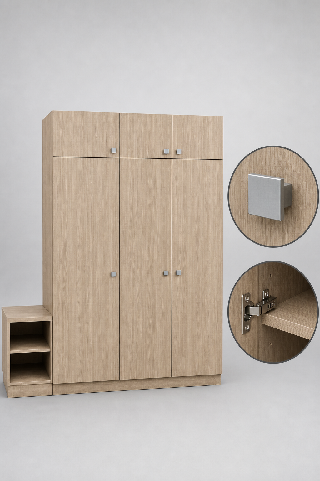 Close-up detail shots of the Homewood Suites GR-323 wardrobe hardware, specifically showing the modern satin nickel square knob and the heavy-duty concealed European hinge.