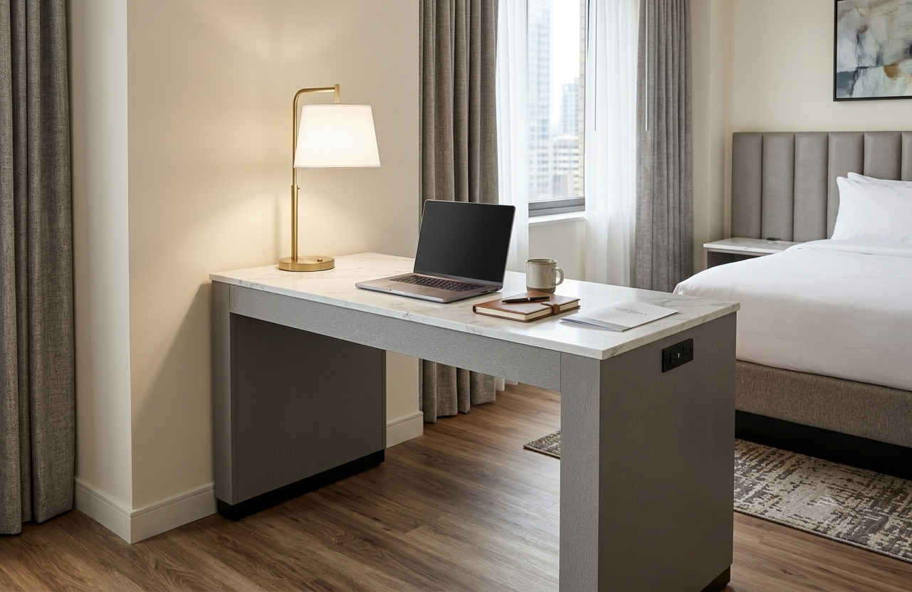 Homewood Suites One-Bedroom Suite guestroom interior featuring the GR-315 productivity table as a primary workstation.