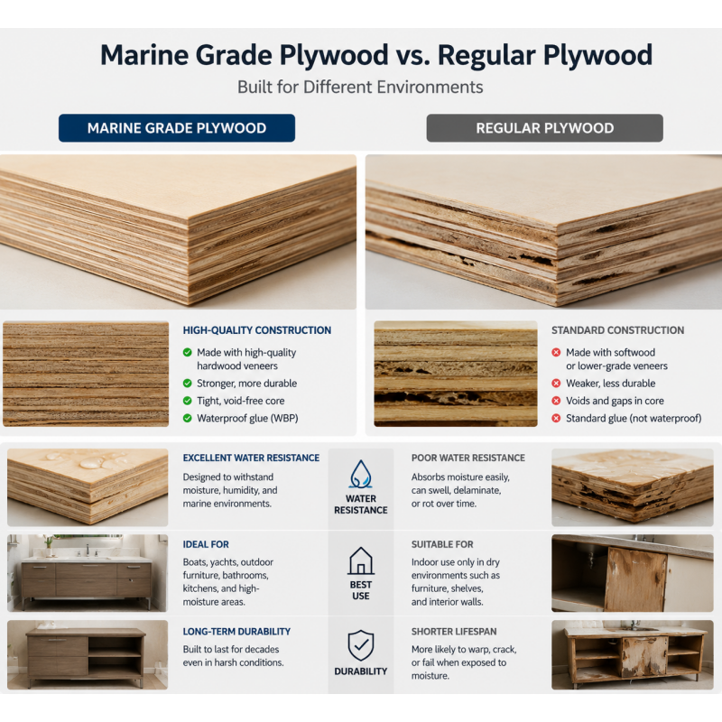 Infographic comparing Marine Grade Plywood versus regular plywood for hotel furniture construction, highlighting water resistance, WBP glue, and delamination prevention in high-moisture bathroom environments.