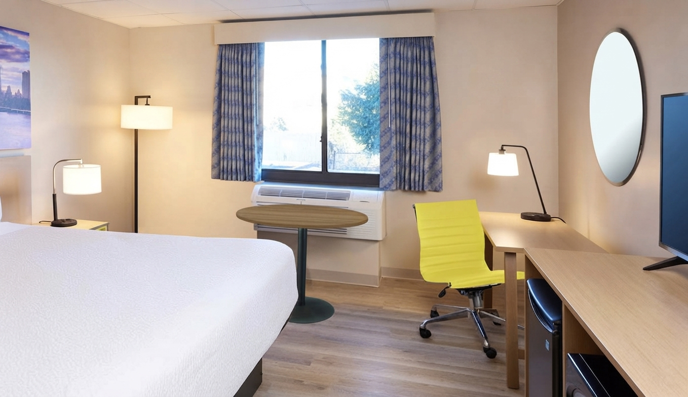 Days Inn by Wyndham guestroom interior featuring a 36-inch round activity table GR-312 coordinated with modern casegoods and task seating.