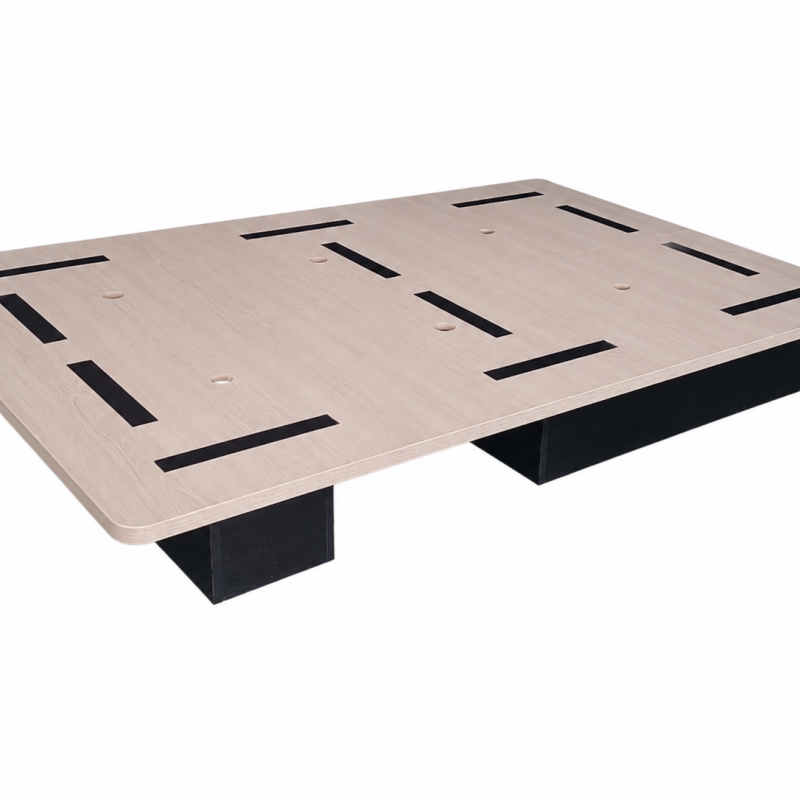 Institutional-grade platform bed base with a recessed bed box, creating a modern floating look while providing ample housekeeping toe-clearance.