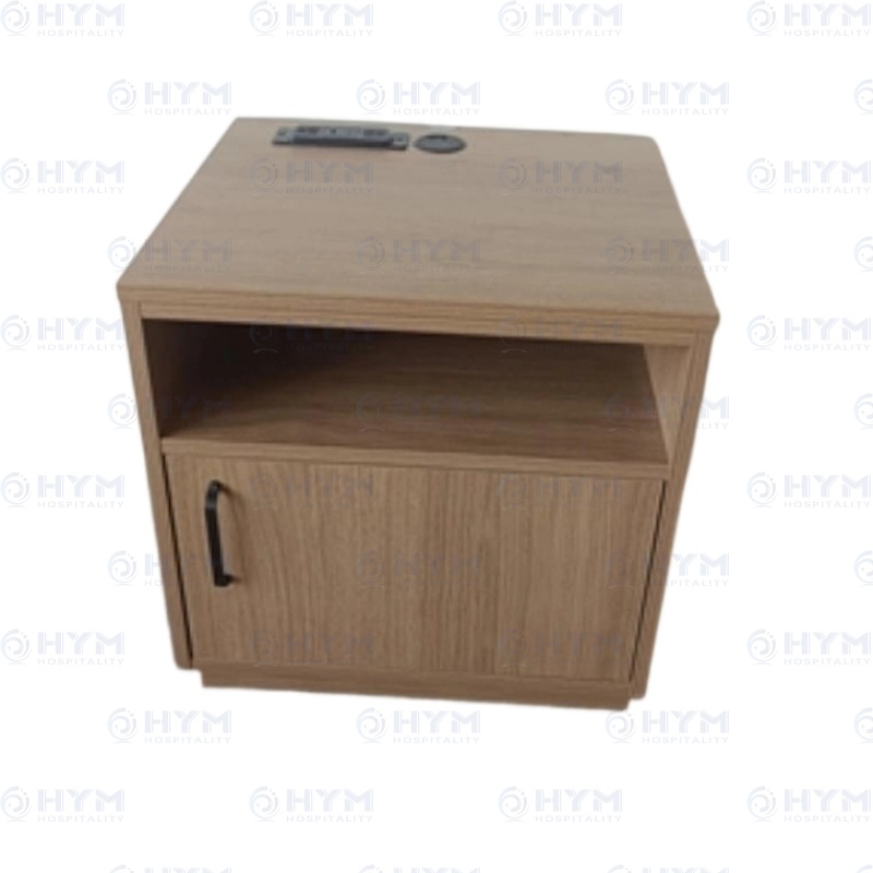 Front view of Hampton by Hilton brand-standard King nightstand GR-303, featuring Wilsonart Sap Walnut finish and an open storage cubby for hotel guestrooms.